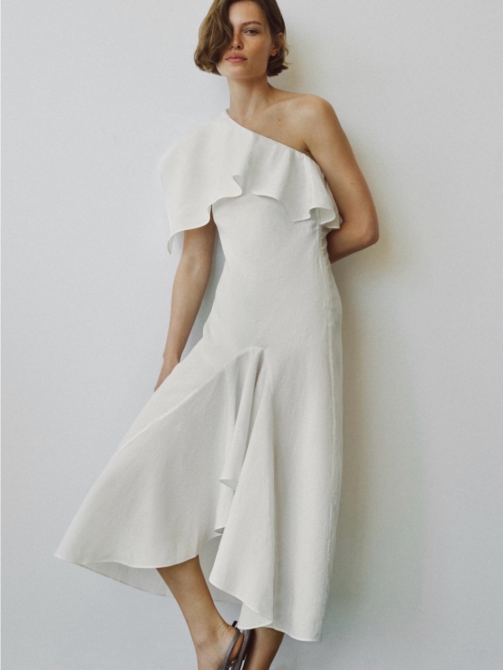 Zara One-Shoulder White Ruffle Midi Dress